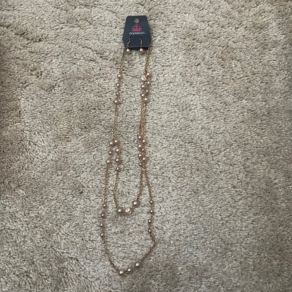Paparazzi Bronze/Pearls Earrings and Necklace Set